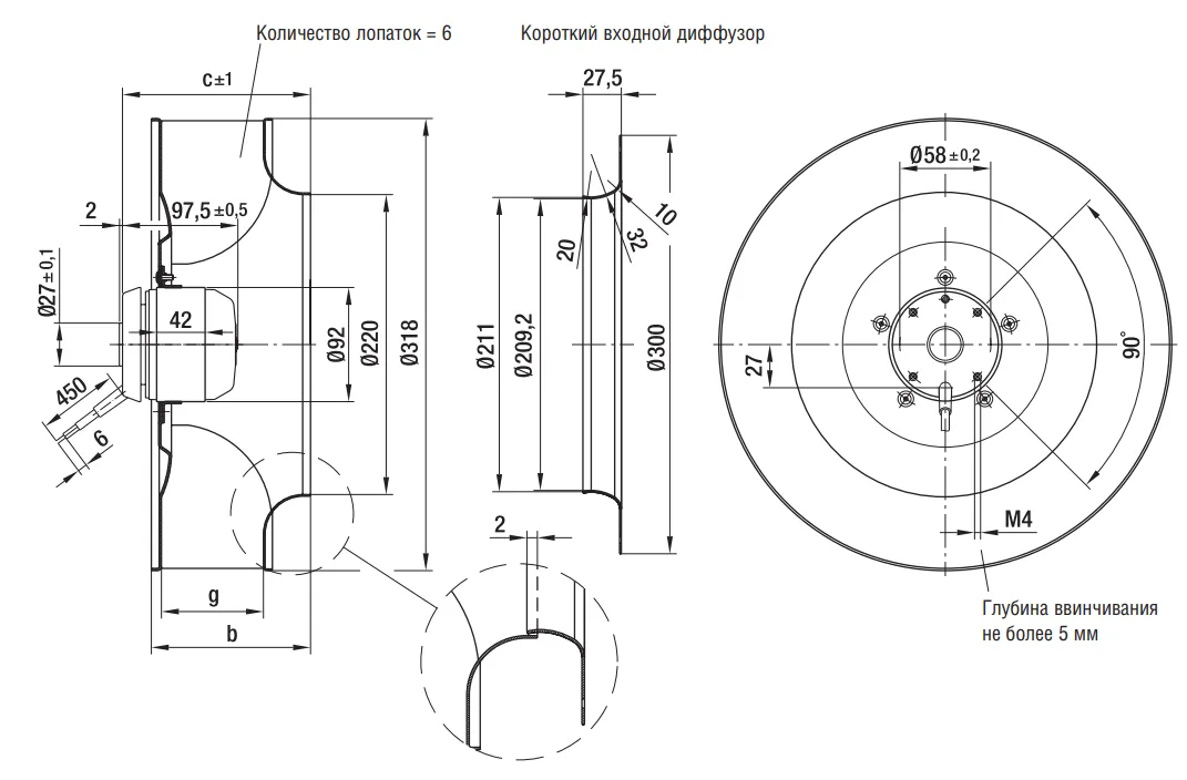 Габаритные размеры вентилятора Ebmpapst  R4D310-AS18-01